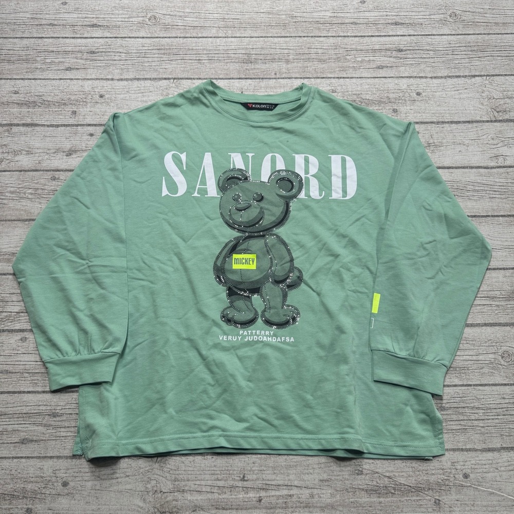 Kolon Sweatshirt Womens Medium Green Oversized Rhinestone Embellished Teddy Bear